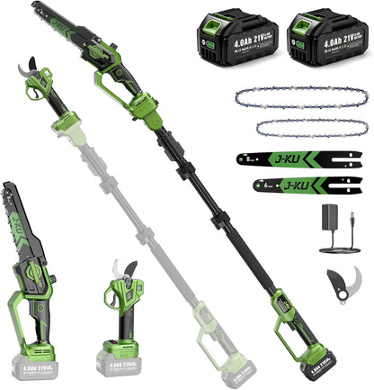 J-KU 4-in-1 Cordless Pole Saw & Pruning Shears Kit – 8” Electric Mini Chainsaw with 8.5ft Extension Pole, Dual 4000mAh Batteries for Tree Branch Cutting