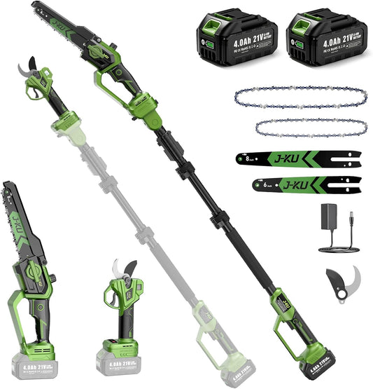 J-KU 4-in-1 Cordless Pole Saw & Pruning Shears Kit – 8” Electric Mini Chainsaw with 8.5ft Extension Pole, Dual 4000mAh Batteries for Tree Branch Cutting