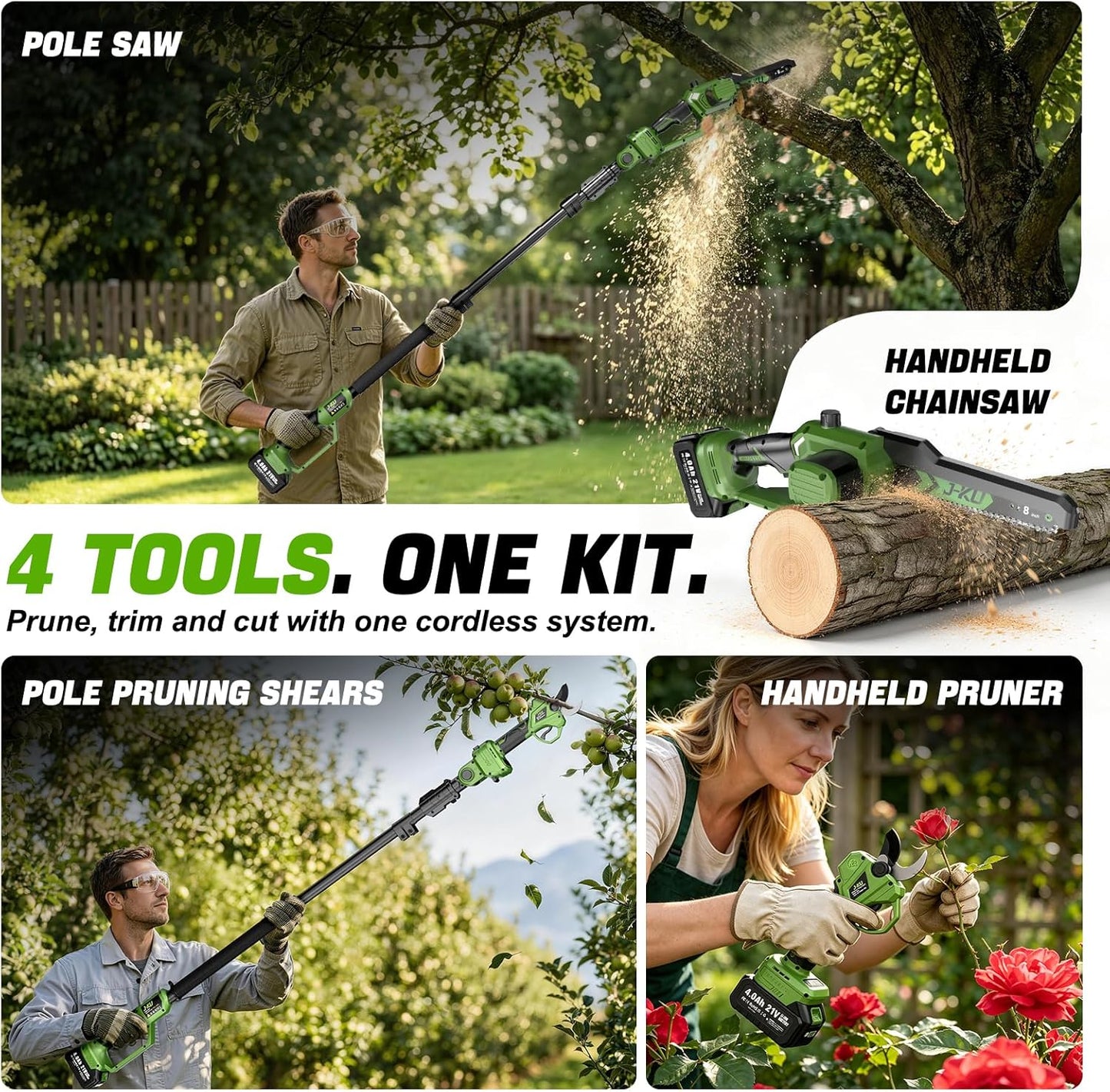 J-KU 4-in-1 Cordless Pole Saw & Pruning Shears Kit – 8” Electric Mini Chainsaw with 8.5ft Extension Pole, Dual 4000mAh Batteries for Tree Branch Cutting