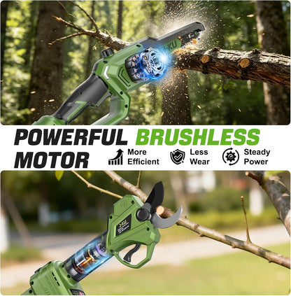 J-KU 4-in-1 Cordless Pole Saw & Pruning Shears Kit – 8” Electric Mini Chainsaw with 8.5ft Extension Pole, Dual 4000mAh Batteries for Tree Branch Cutting