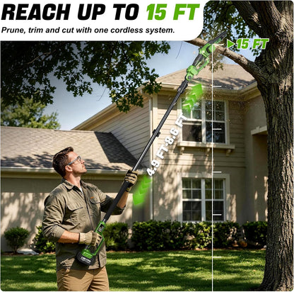 J-KU 4-in-1 Cordless Pole Saw & Pruning Shears Kit – 8” Electric Mini Chainsaw with 8.5ft Extension Pole, Dual 4000mAh Batteries for Tree Branch Cutting