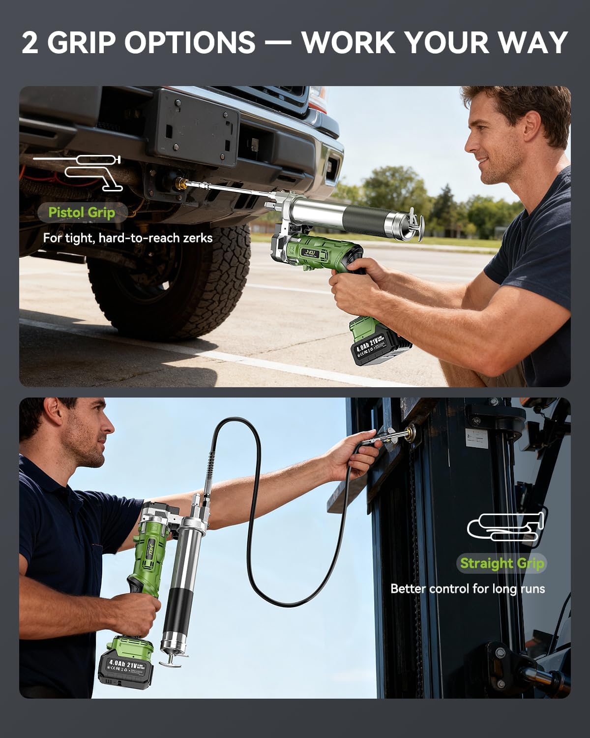 J-KU 20V Cordless Grease Gun Kit | 12000 PSI, Dual 4.0Ah Batteries, 2-in-1 Mode