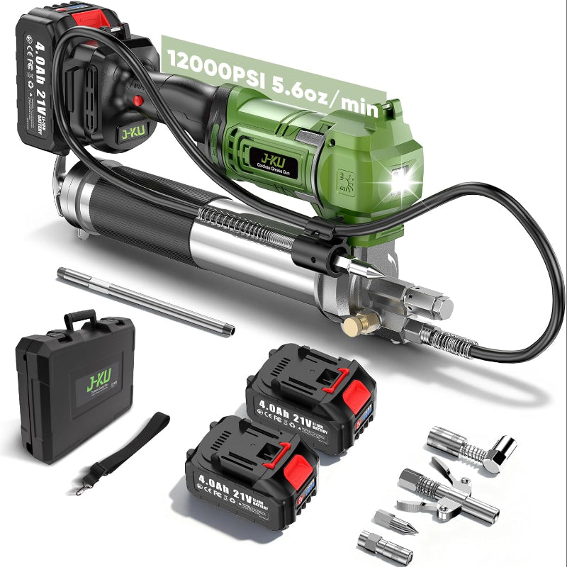 J-KU 12000 PSI Cordless Grease Gun: 8000 mAh Battery, 5.6 oz/min, 39.4" Hose, 90° Coupler, LED – Heavy-Duty for Farm, Tractor & Equipment