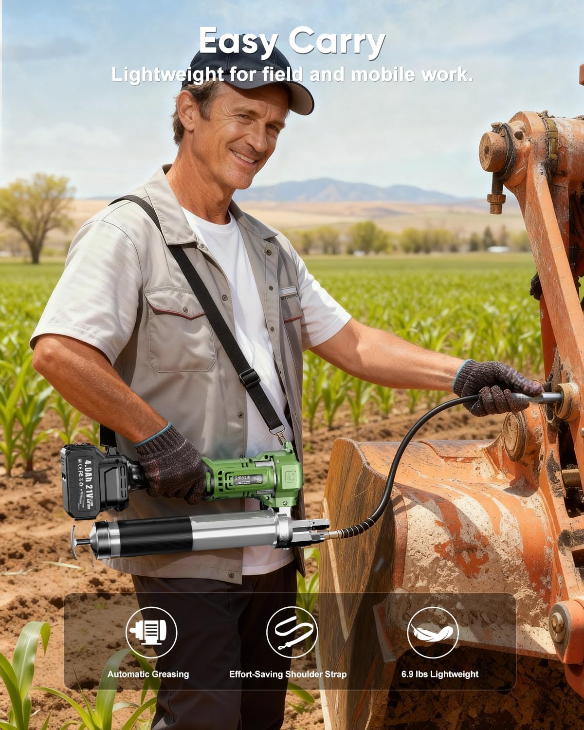 J-KU 12000 PSI Cordless Grease Gun: 8000 mAh Battery, 5.6 oz/min, 39.4" Hose, 90° Coupler, LED – Heavy-Duty for Farm, Tractor & Equipment