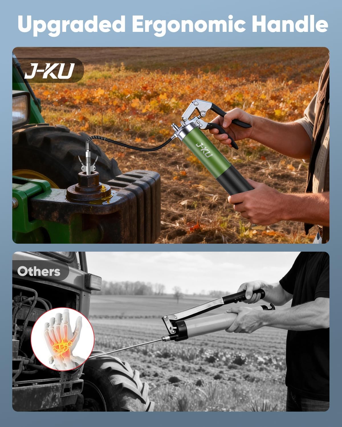 J-KU Manual Grease Gun, 14 oz Pistol Grip Kit – Heavy Duty 8000 PSI with Air Bleed Valve, Flexible Hose & 6 Nozzles for Automotive, Marine, Tractor