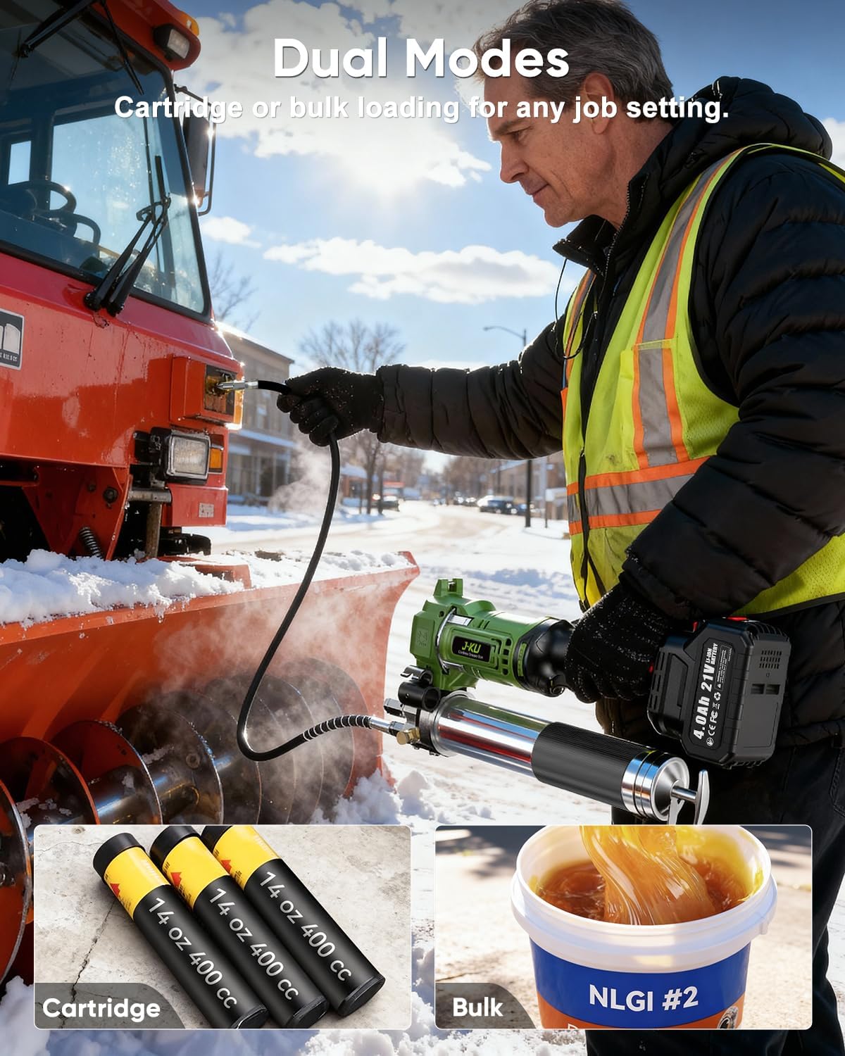 J-KU 12000 PSI Cordless Grease Gun: 8000 mAh Battery, 5.6 oz/min, 39.4" Hose, 90° Coupler, LED – Heavy-Duty for Farm, Tractor & Equipment
