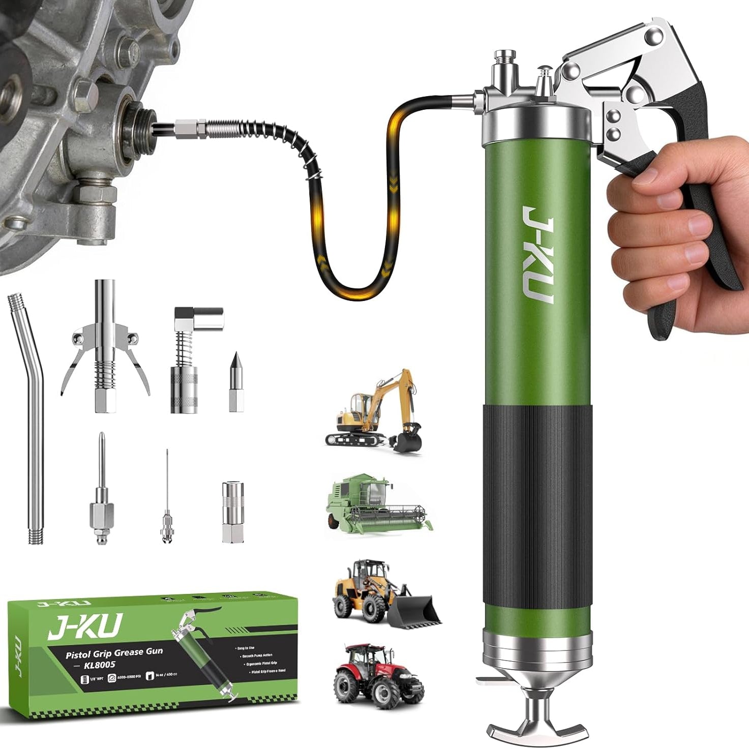 J-KU Manual Grease Gun, 14 oz Pistol Grip Kit – Heavy Duty 8000 PSI with Air Bleed Valve, Flexible Hose & 6 Nozzles for Automotive, Marine, Tractor