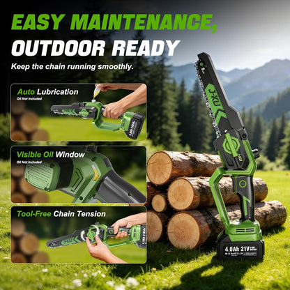 J-KU 4-in-1 Cordless Pole Saw & Pruning Shears Kit – 8” Electric Mini Chainsaw with 8.5ft Extension Pole, Dual 4000mAh Batteries for Tree Branch Cutting