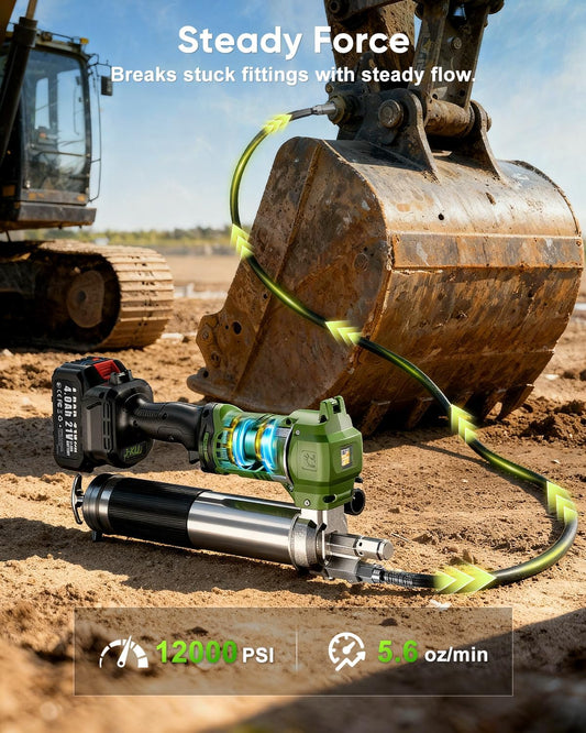 J-KU 12000 PSI Cordless Grease Gun: 8000 mAh Battery, 5.6 oz/min, 39.4" Hose, 90° Coupler, LED – Heavy-Duty for Farm, Tractor & Equipment